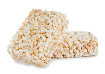 Photo of Delicious rice crispy treats on white background