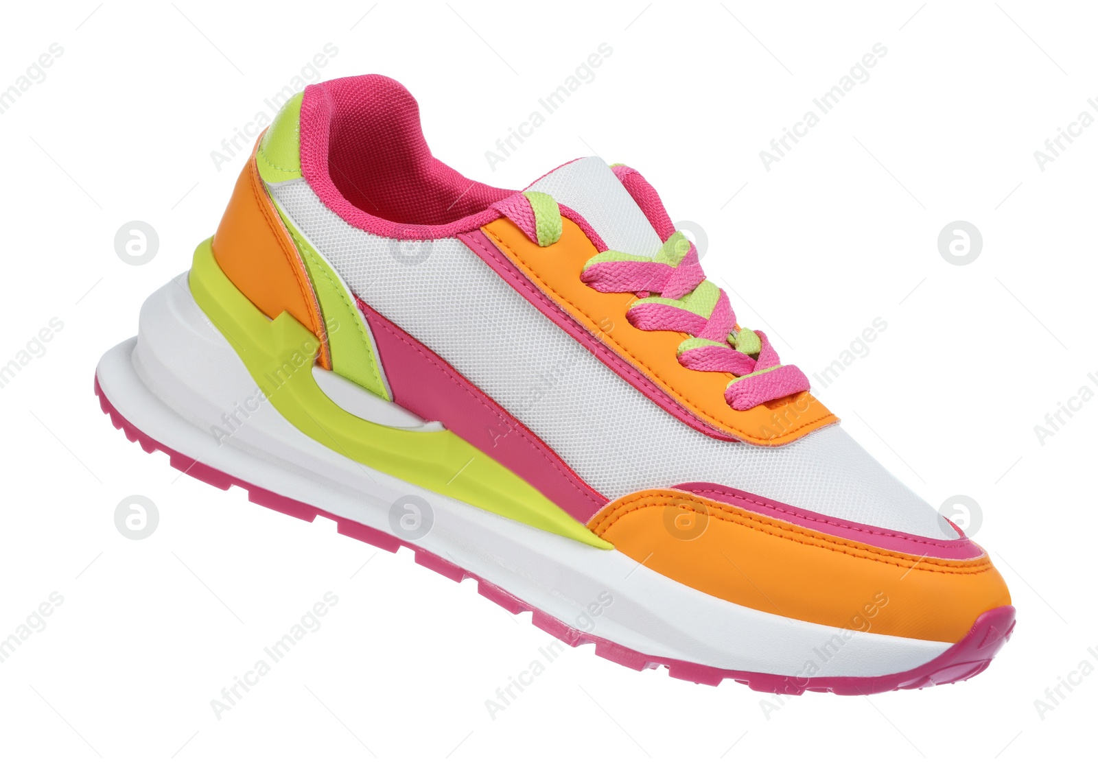 Photo of One stylish colorful sneaker isolated on white