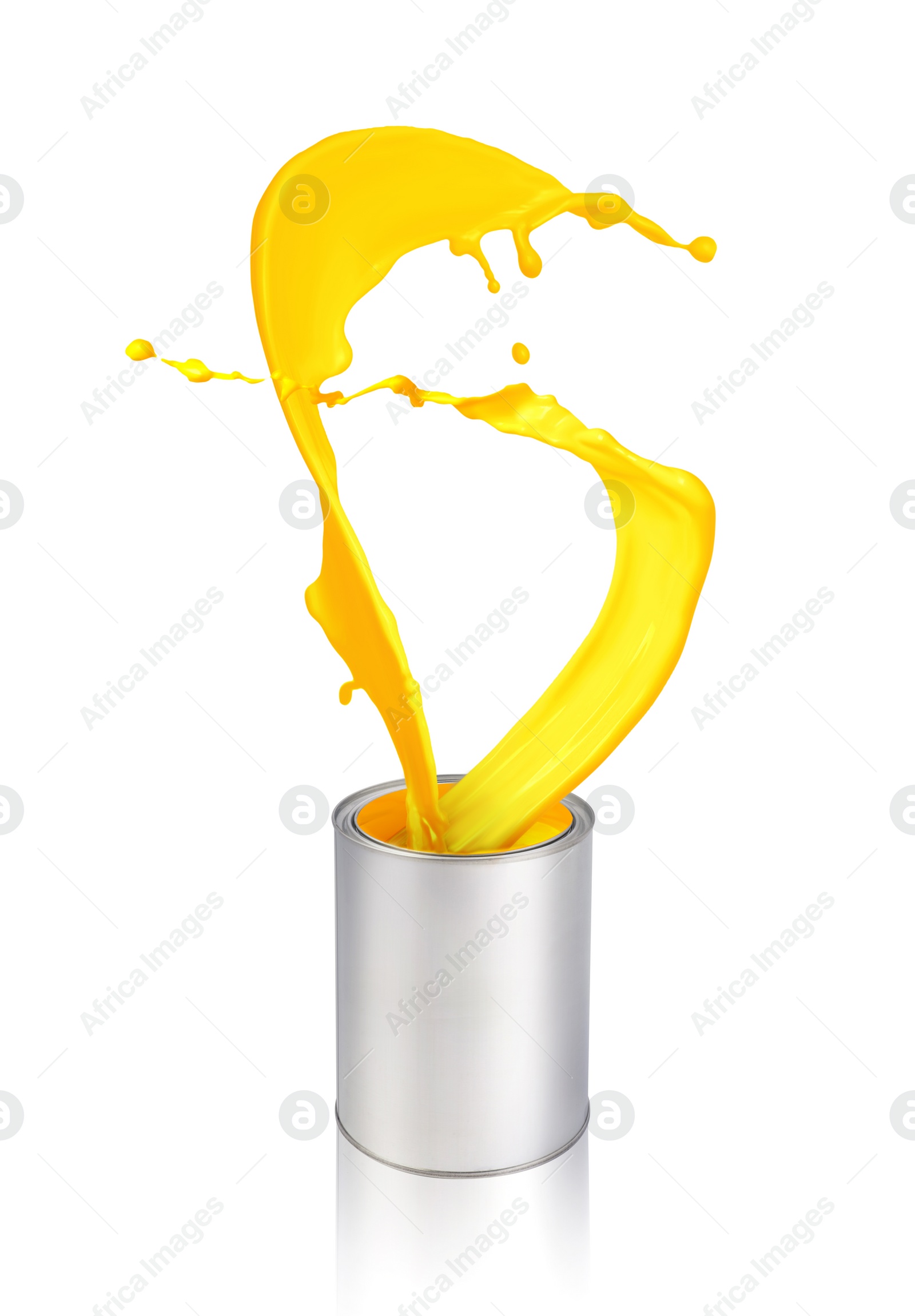 Image of Can with splashing yellow paint isolated on white