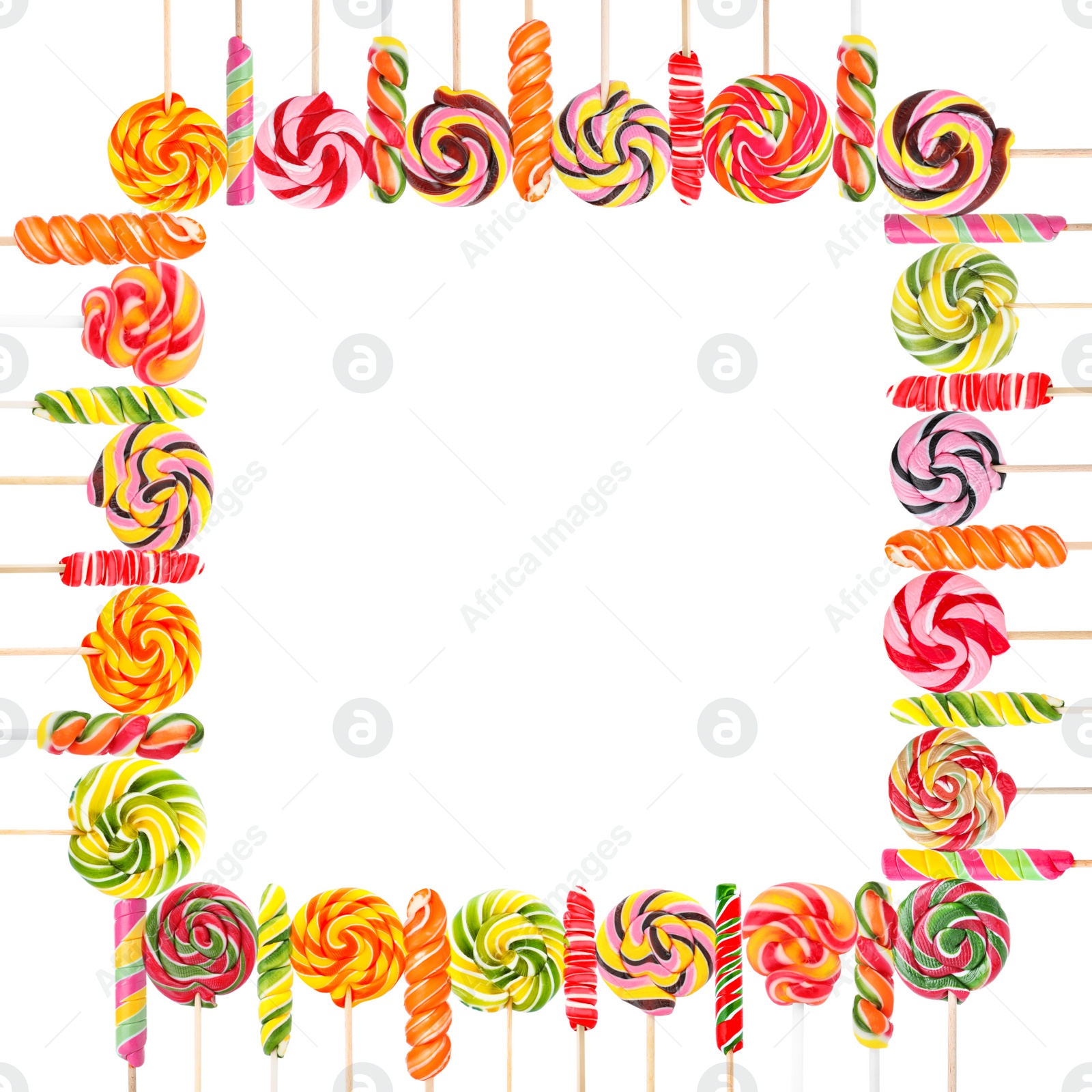 Image of Frame of different sweet candies on white background