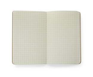 Photo of Stylish open notebook with blank sheets isolated on white, top view
