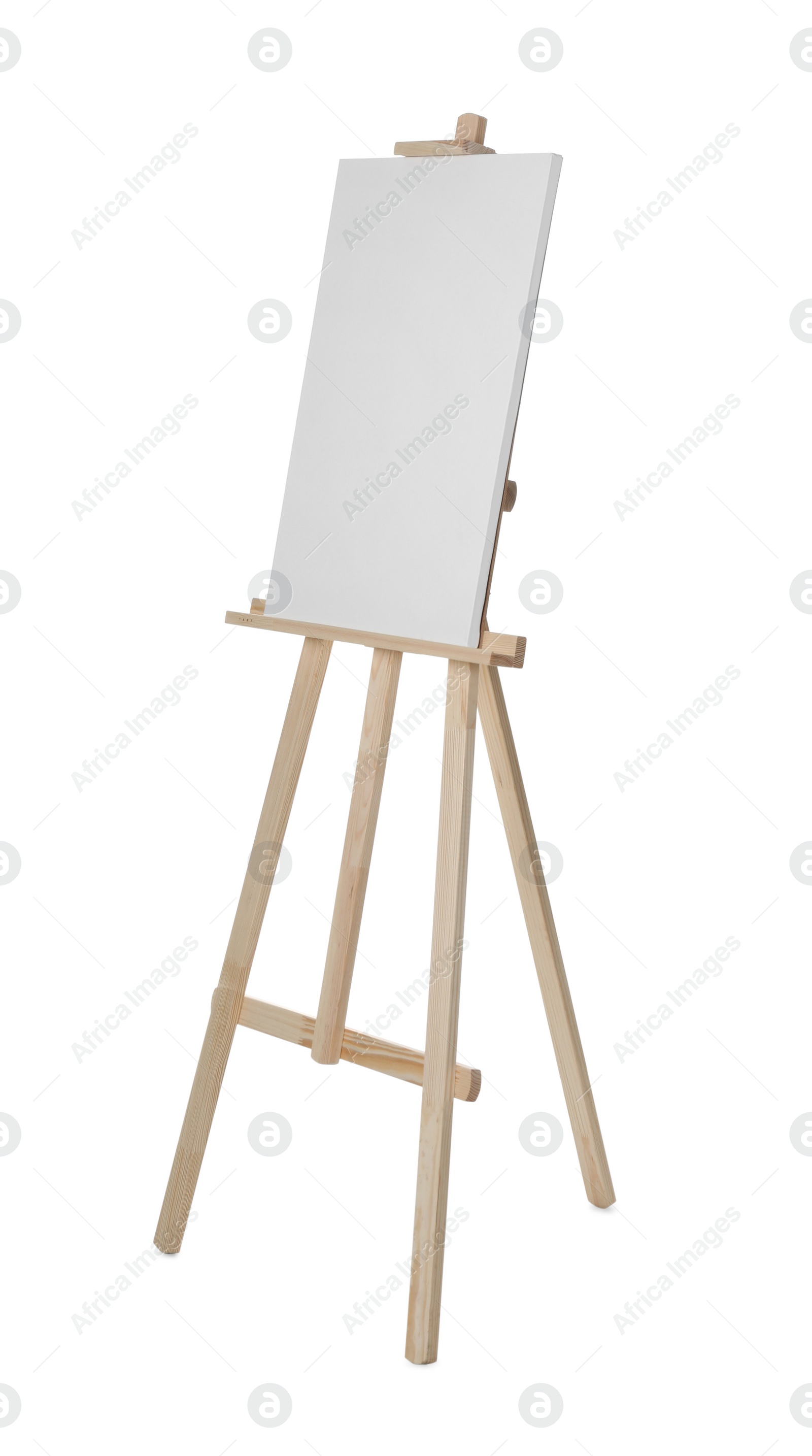 Photo of Wooden easel with blank sheet of paper isolated on white