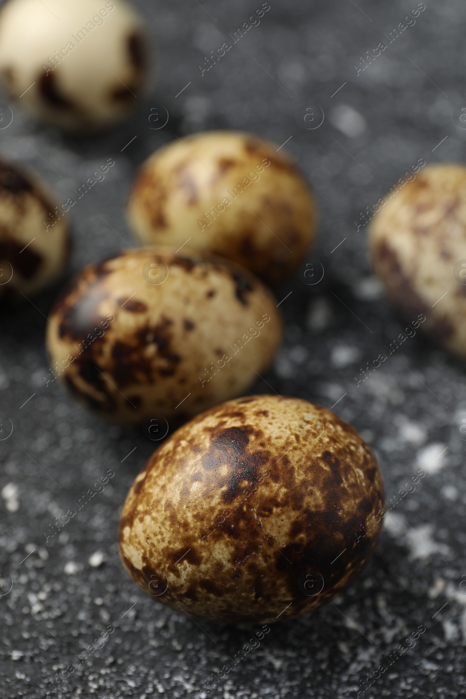 Photo of Many speckled quail eggs on black textured table, closeup