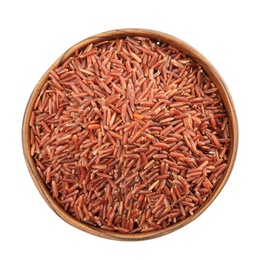 Photo of Bowl with uncooked red rice on white background, top view