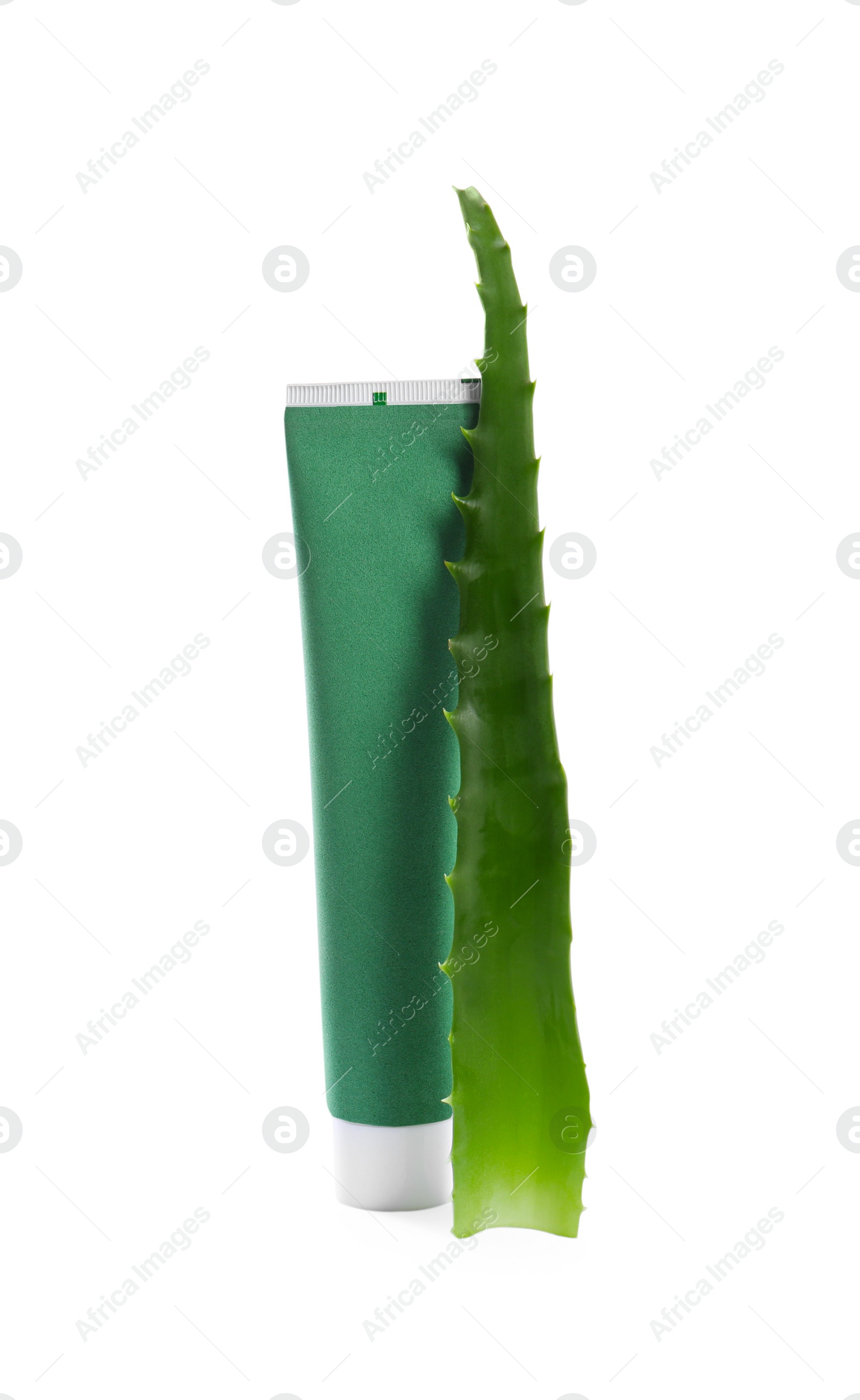 Photo of Tube of toothpaste with aloe vera leaf on white background