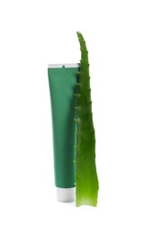 Tube of toothpaste with aloe vera leaf on white background