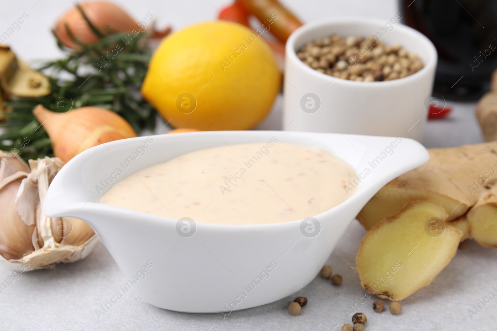 Photo of Fresh marinade and different ingredients on light grey table, closeup