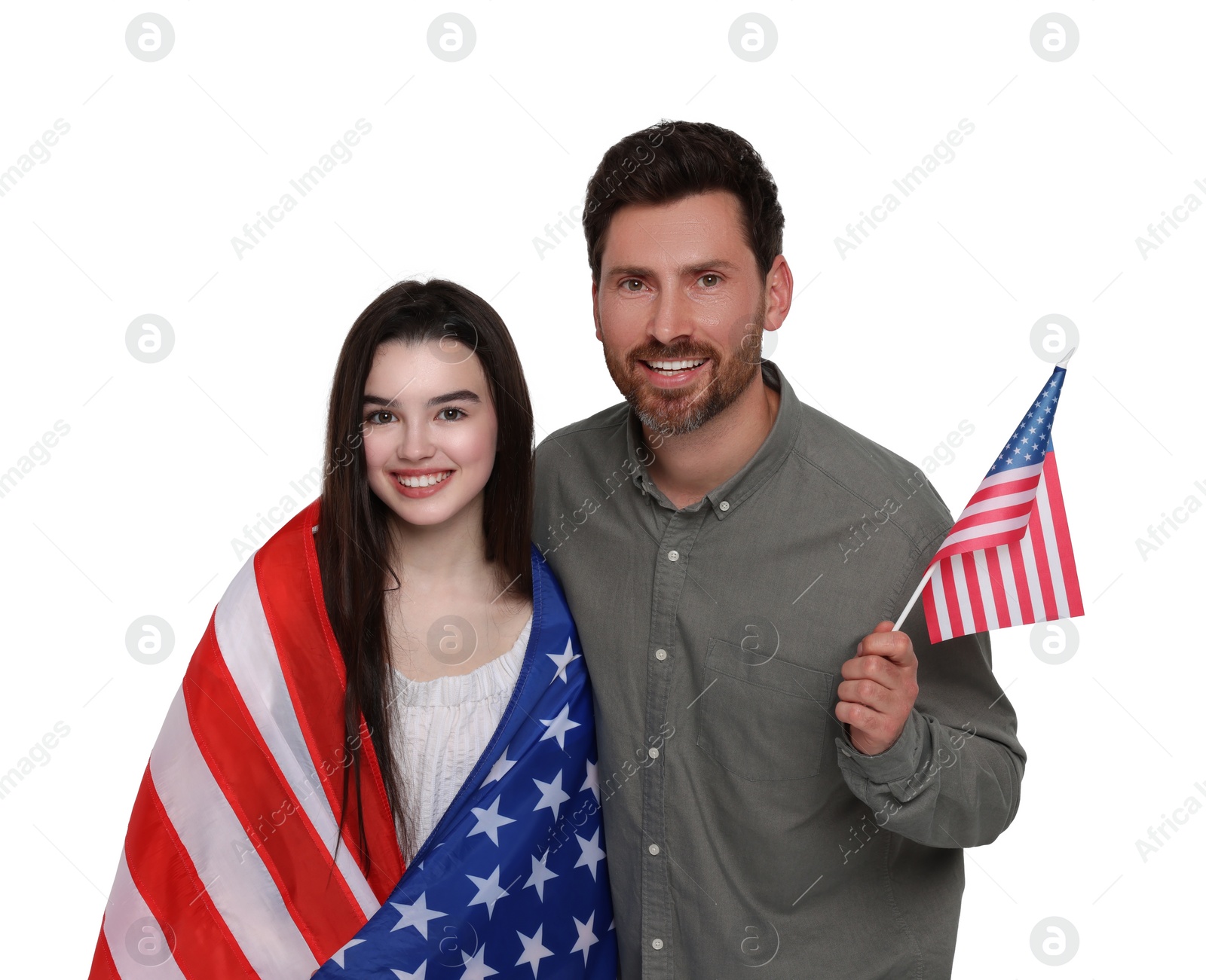 Image of 4th of July - Independence day of America. Happy father and his daughter with national flags of United States on white background