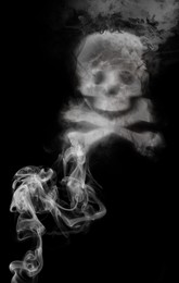 Image of No Smoking. Skull and crossbones symbol of smoke on black background