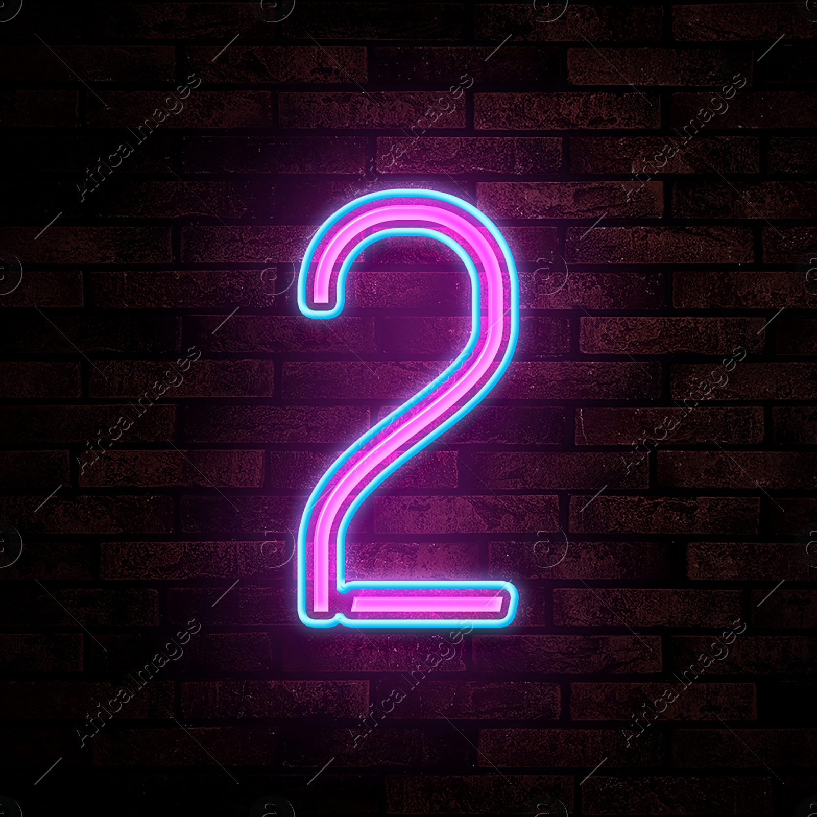 Image of Glowing neon number 2 sign on brick wall