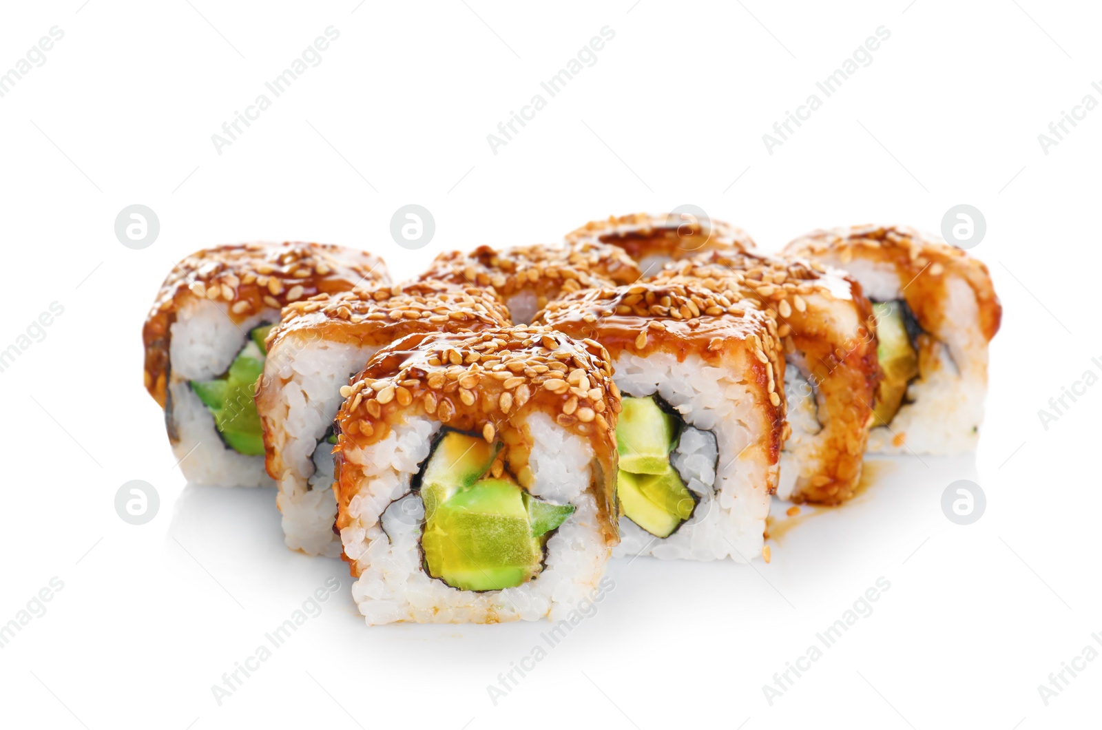 Photo of Tasty sushi rolls on white background. Food delivery service