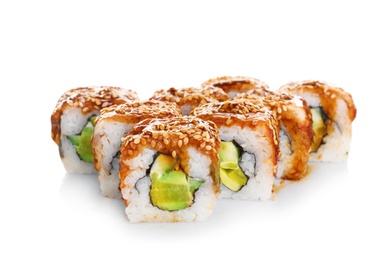 Photo of Tasty sushi rolls on white background. Food delivery service