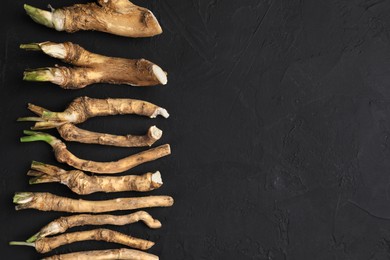 Photo of Cut horseradish roots on black textured table, flat lay. Space for text