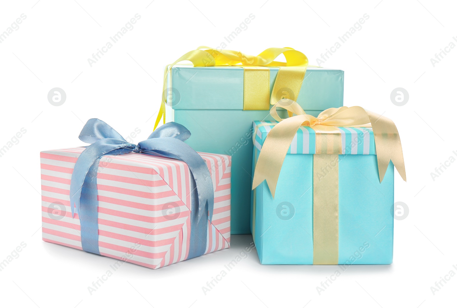 Photo of Different gift boxes with bows on white background