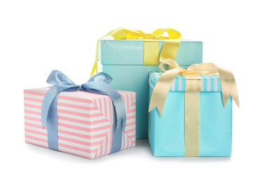 Photo of Different gift boxes with bows on white background