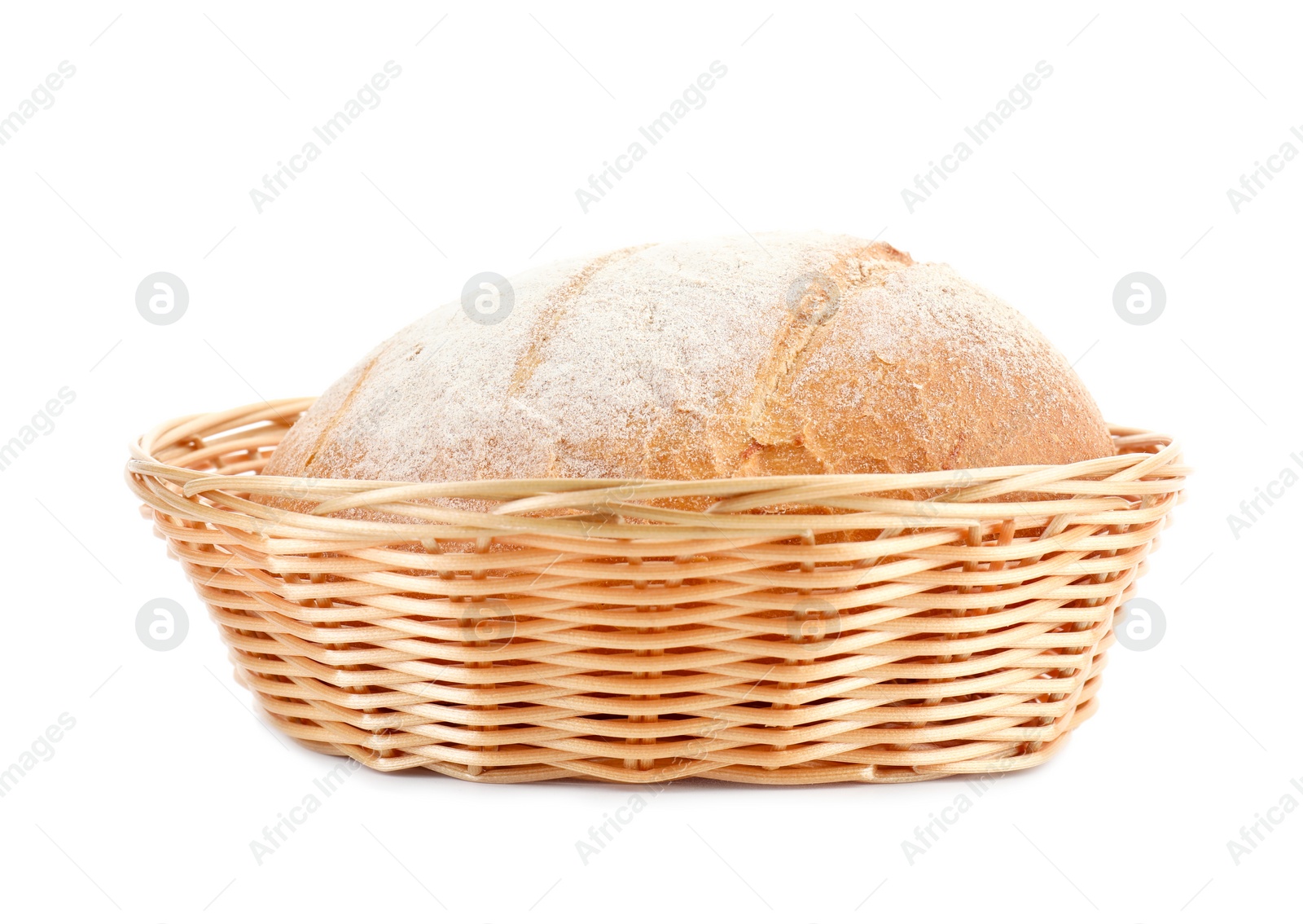 Photo of Wicker basket with fresh bread isolated on white