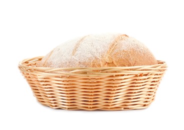 Photo of Wicker basket with fresh bread isolated on white