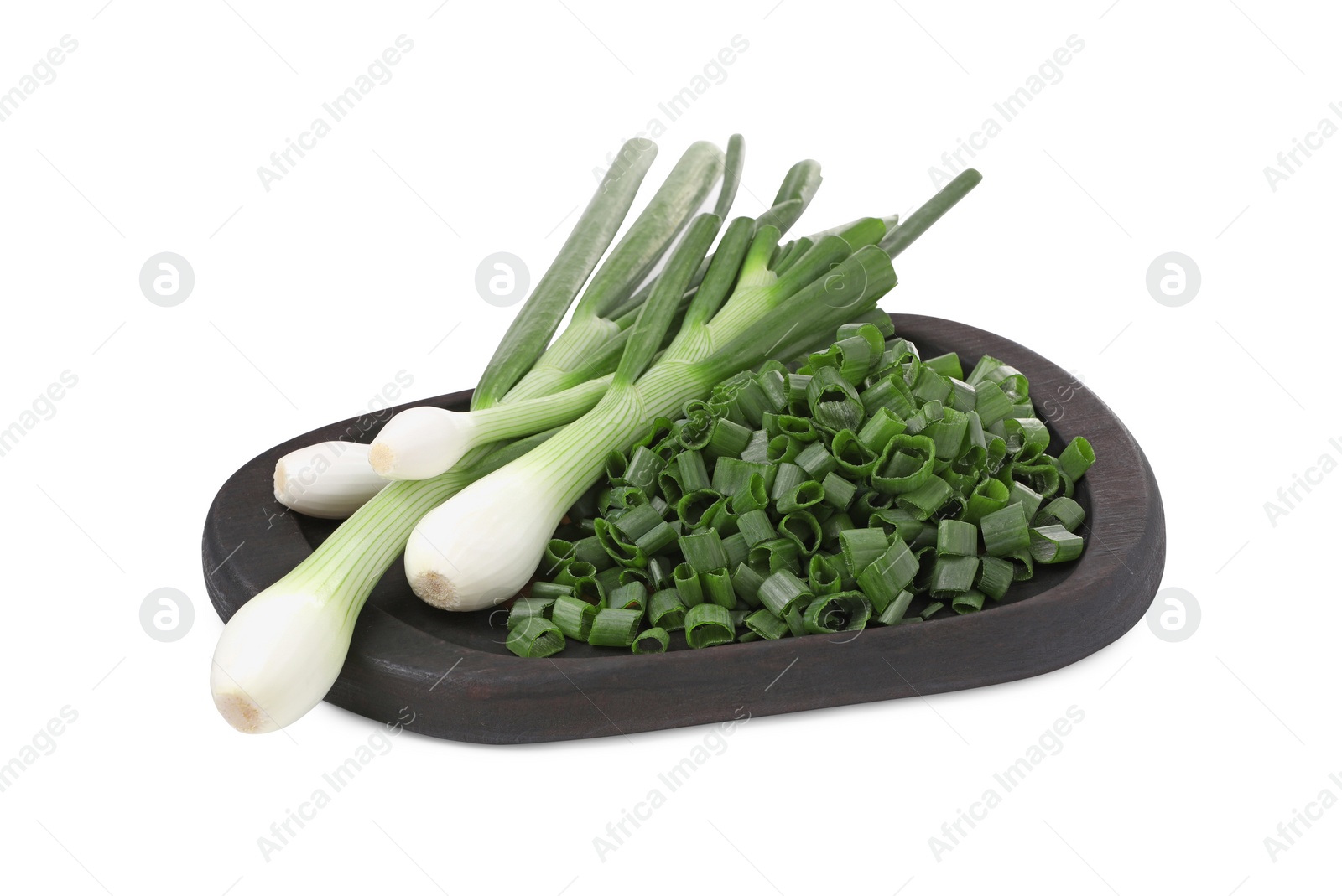 Photo of Whole and chopped green onion isolated on white