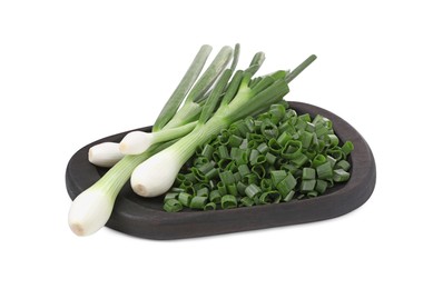 Photo of Whole and chopped green onion isolated on white