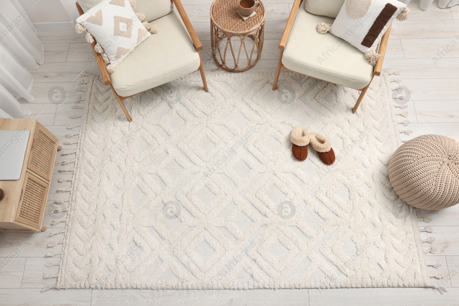 Photo of Stylish living room with soft white carpet and furniture, above view. Interior design