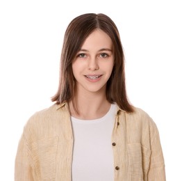 Photo of Portrait of smiling teenage girl on white background