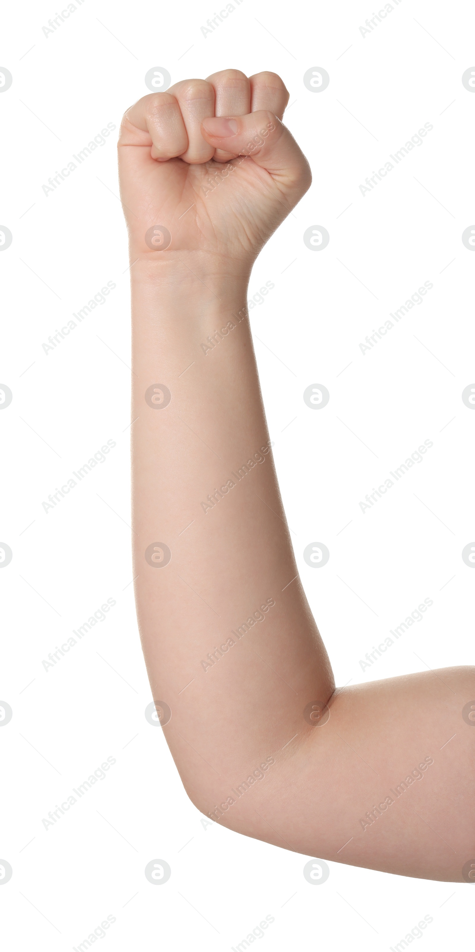 Photo of Playing rock, paper and scissors. Woman showing fist on white background, closeup