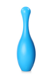 Photo of Blue bowling pin isolated on white. Child toy