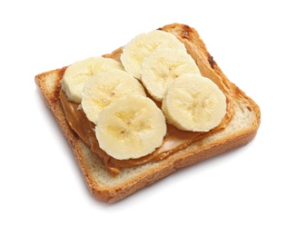 Photo of Toast bread with tasty peanut butter and banana slices on white background