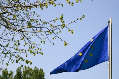 Photo of European Union flag fluttering against blue sky