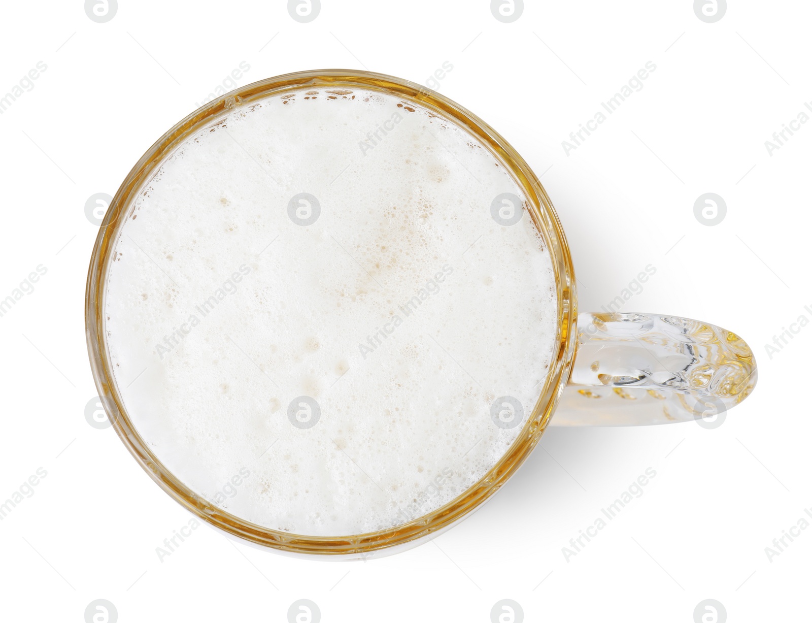 Photo of Full mug of beer isolated on white, top view