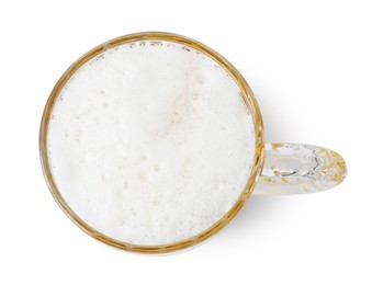 Full mug of beer isolated on white, top view