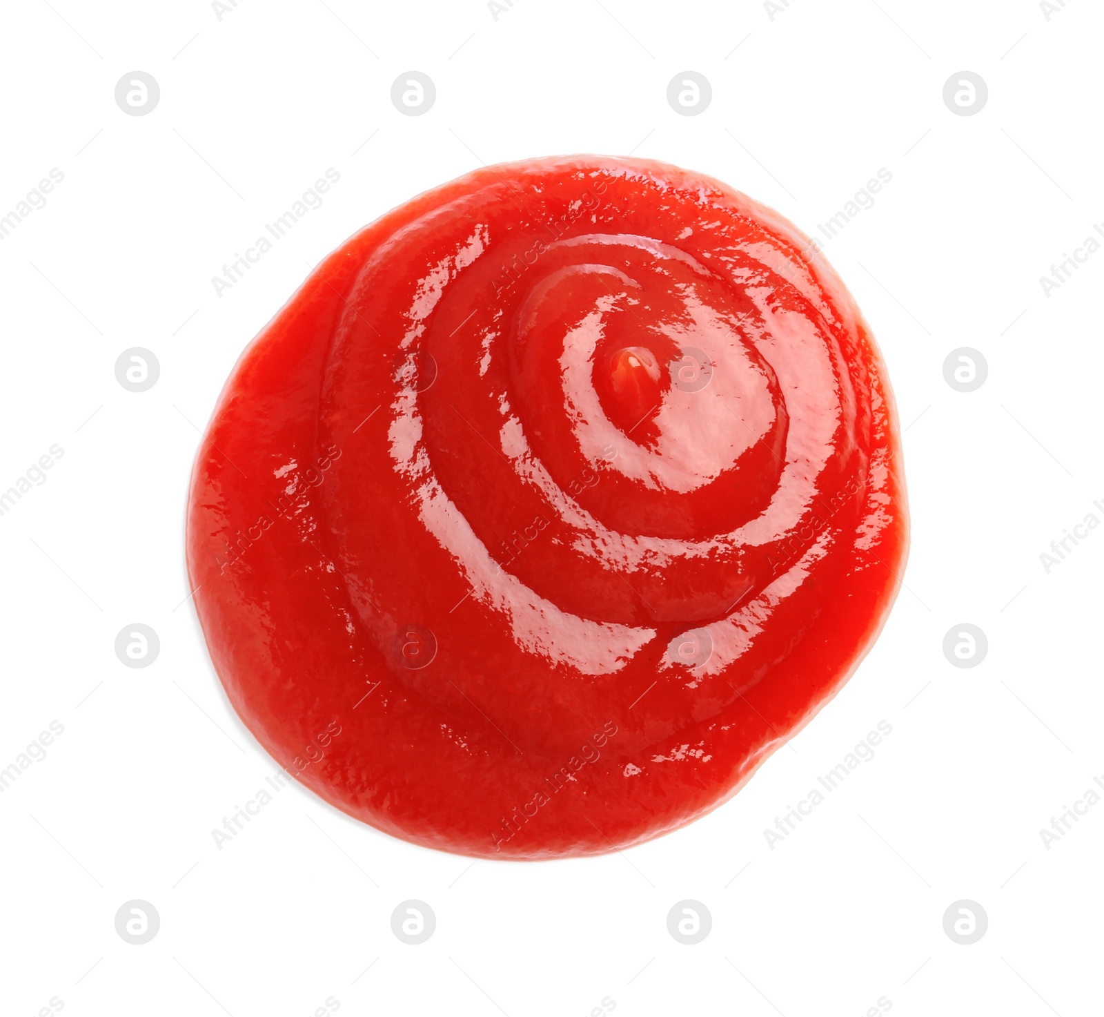 Photo of Tasty ketchup isolated on white, top view. Tomato sauce