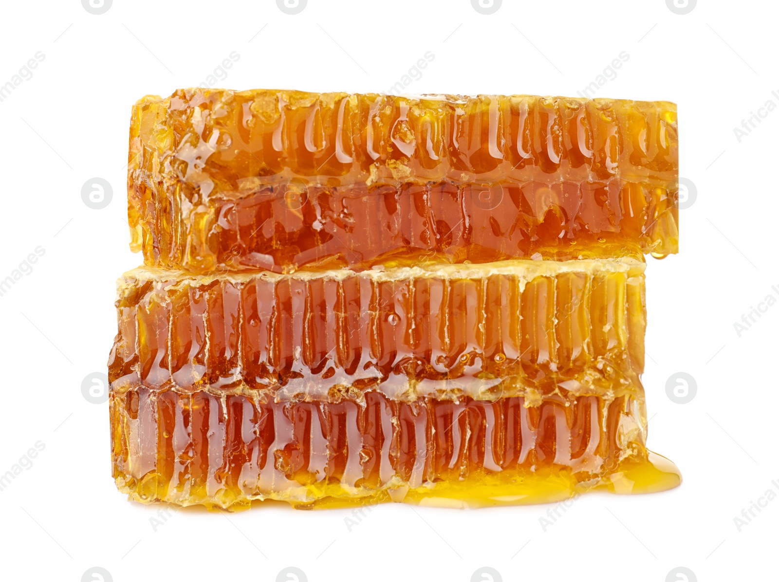 Photo of Fresh honeycombs on white background. Organic product