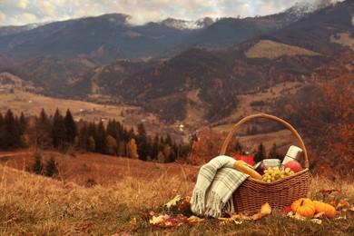Wicker picnic basket with thermos, snacks and plaid in mountains on autumn day, space for text