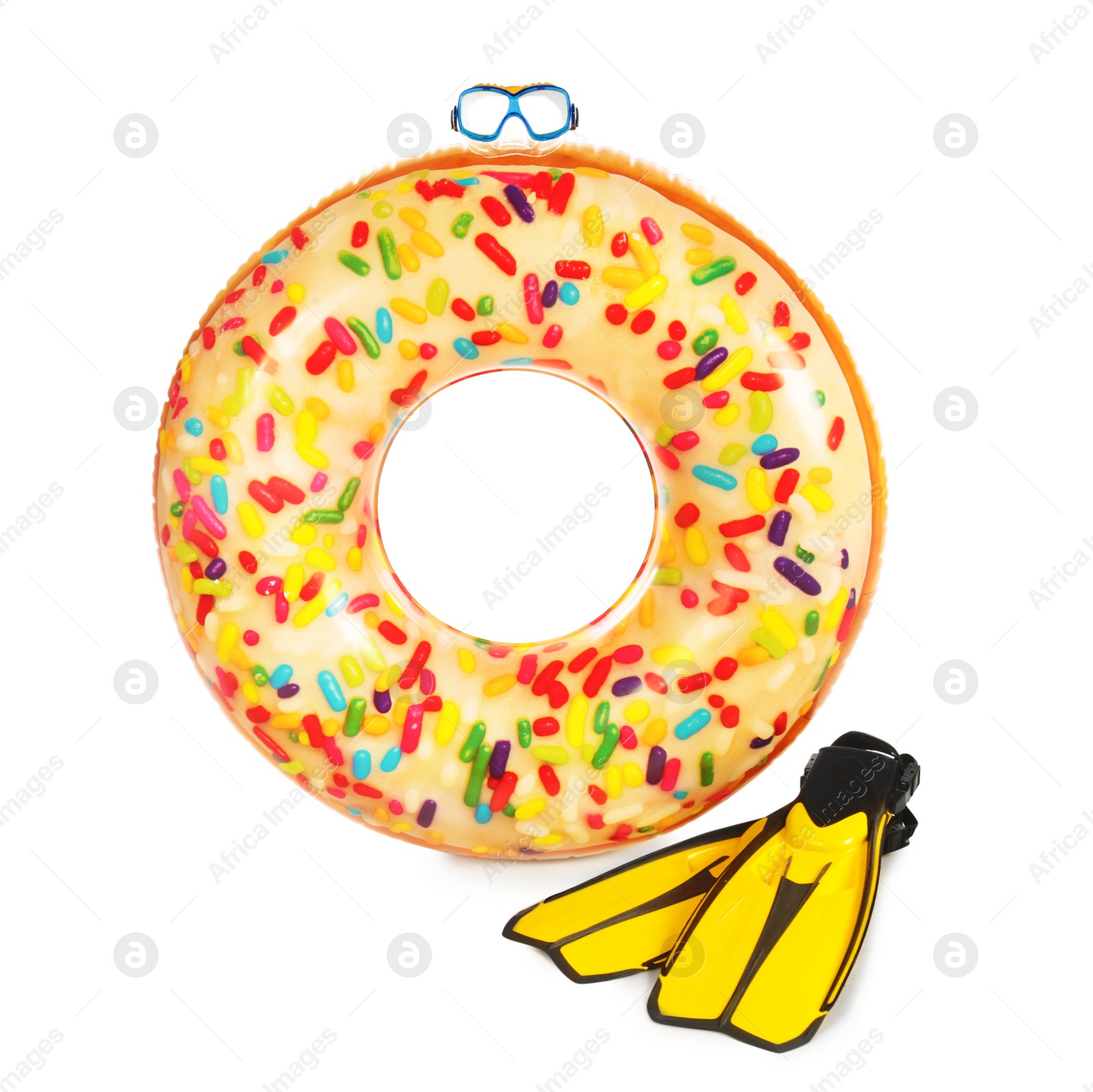 Photo of Bright inflatable ring and swim equipment on white background