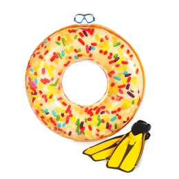 Bright inflatable ring and swim equipment on white background