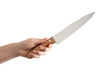 Photo of Woman holding knife on white background, closeup