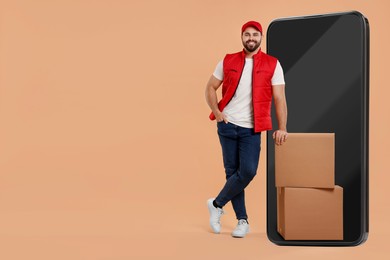 Image of Courier with parcels near huge smartphone on dark beige background. Delivery service. Space for text