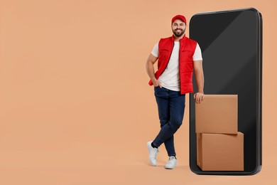 Courier with parcels near huge smartphone on dark beige background. Delivery service. Space for text