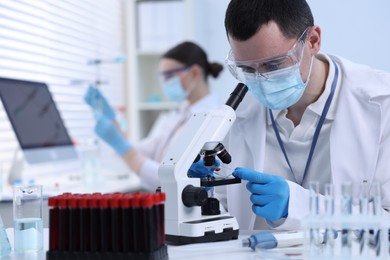 Photo of Scientist working with microscope in laboratory. Medical research