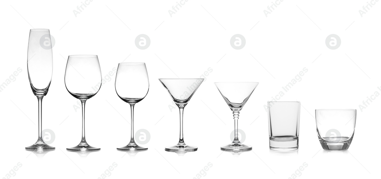 Image of Set of different empty glasses on white background. Banner design