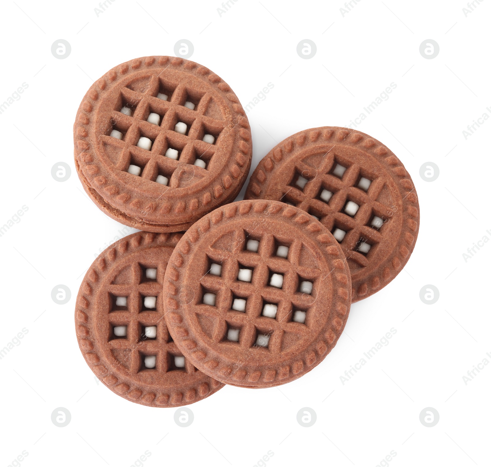 Photo of Tasty chocolate sandwich cookies with cream isolated on white, top view