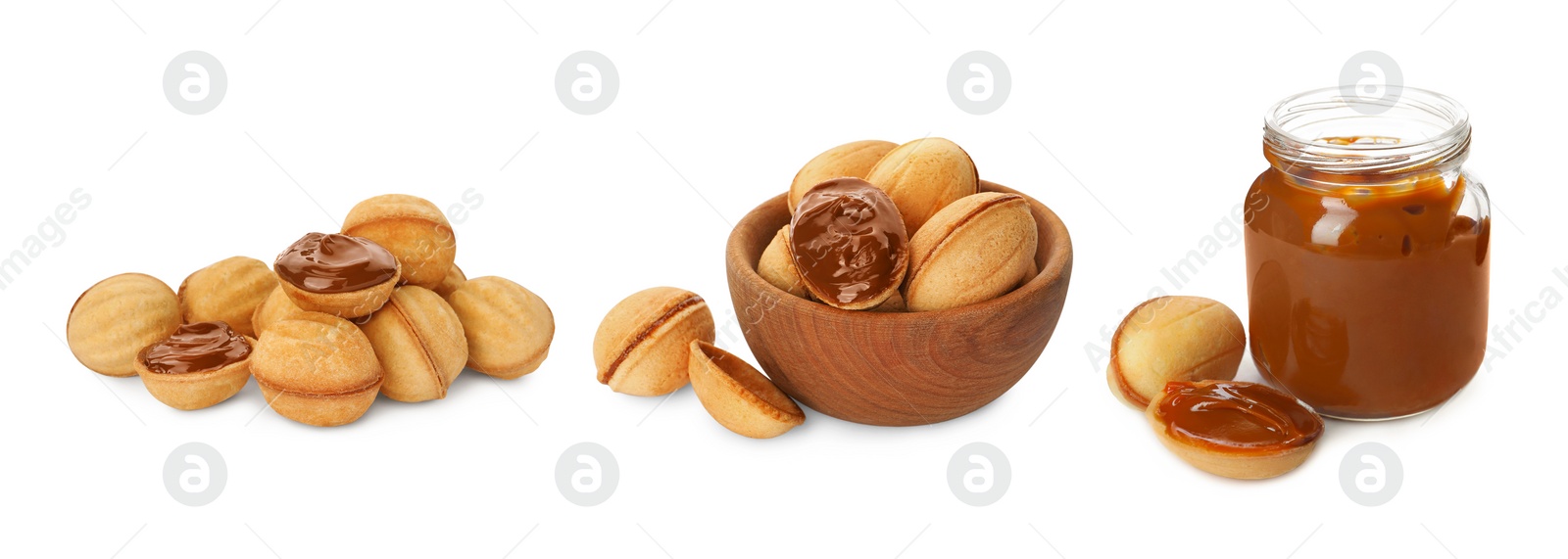 Image of Delicious nut shaped cookies with caramelized condensed milk isolated on white, collage design