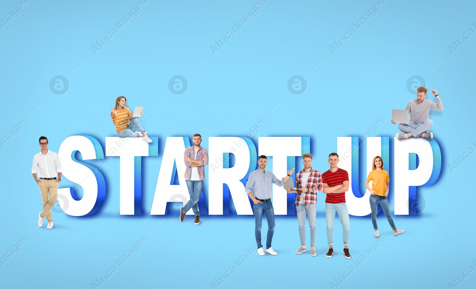 Image of Group of young people and phrase START UP on blue background 