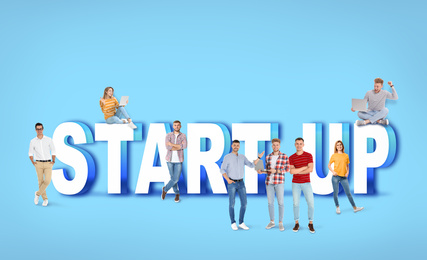Image of Group of young people and phrase START UP on blue background 