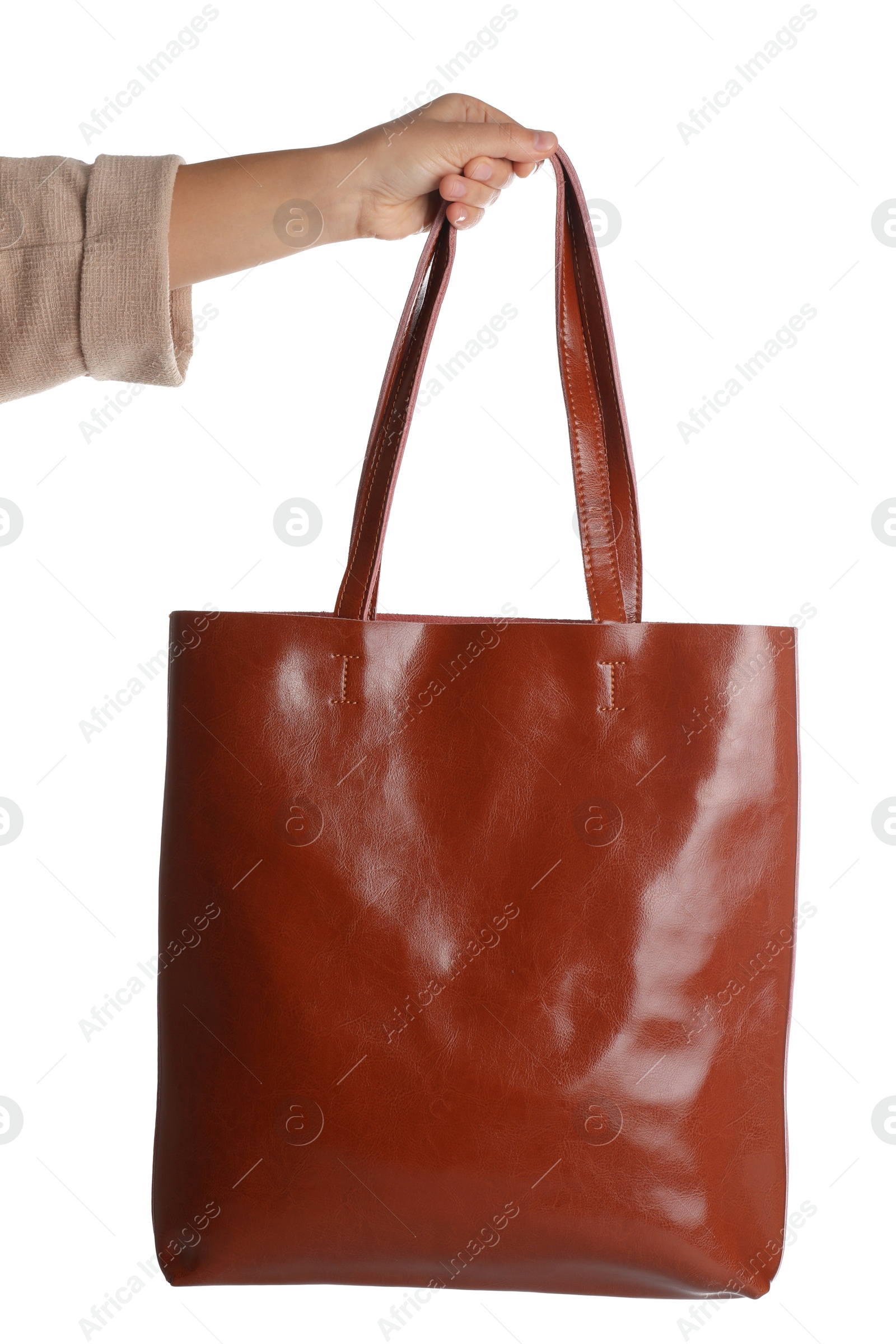 Photo of Woman with stylish shopper bag on white background, closeup