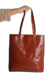 Photo of Woman with stylish shopper bag on white background, closeup