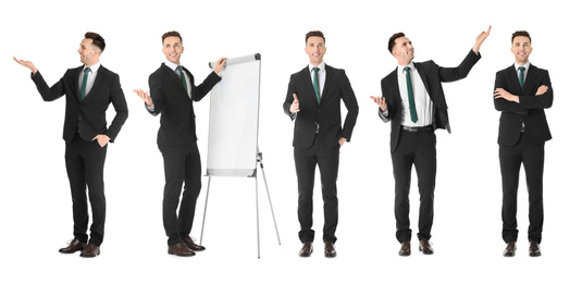 Collage with photos of business trainer on white background, banner design 