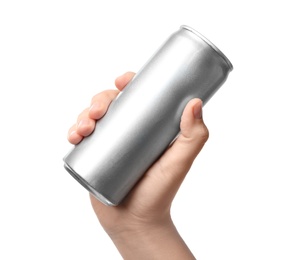 Woman holding aluminum can with beverage on white background, closeup. Mockup for design