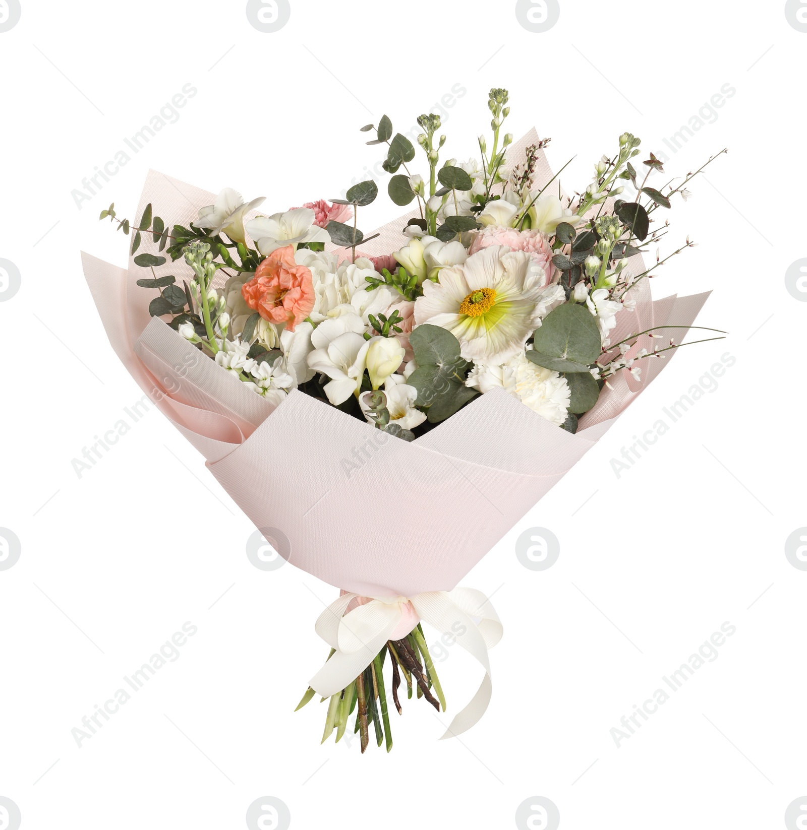 Photo of Bouquet of beautiful flowers on white background